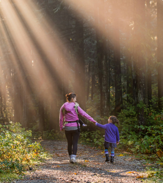Therapist walking with a child in a forest